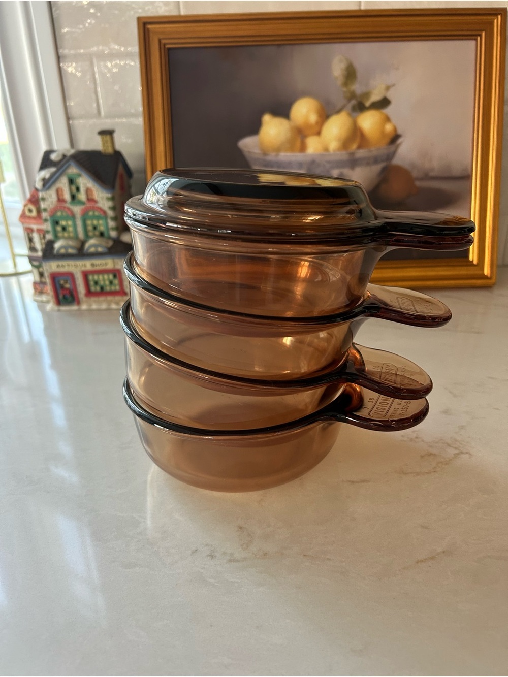 Corning Visions Amber Glass Round Casserole Dishes Set of 4 with One Lid